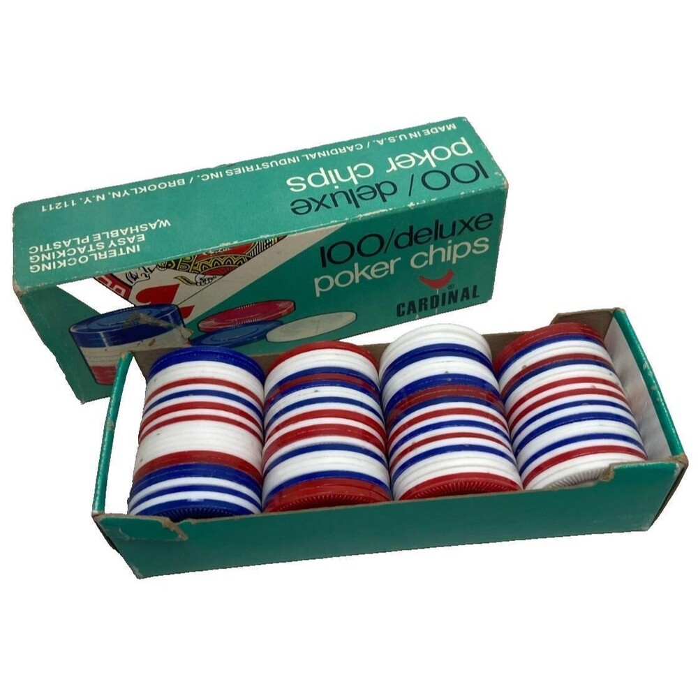 Cardinal Deluxe Poker Chips Set Easy Stacking Boxed Vintage Used Red White Blue